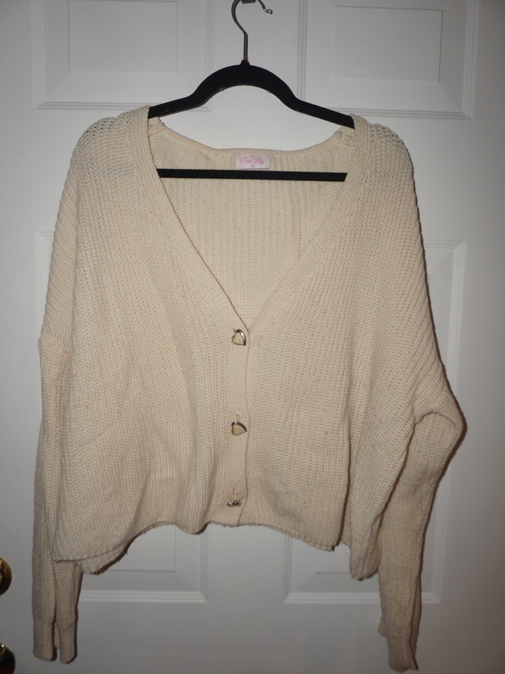 Pink Lily Cream Heart-Button V-Neck Knit Cardigan